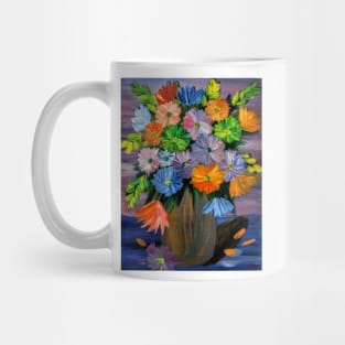 a beautiful bouquet of mixed flowers in a silver and turquoise and gold blend vase Mug